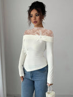Mesh Patchwork Bodycon Top With Long Sleeve White Sleek Sexy Slim Fit
