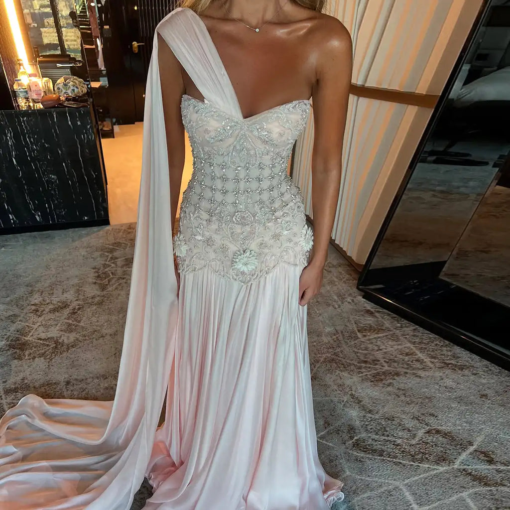Elegant Sleeveless Pleated Beaded Evening Gown With High Neck Ankle Length Party Dress