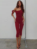 One Shoulder Backless Jumpsuit With Lace Up Detail