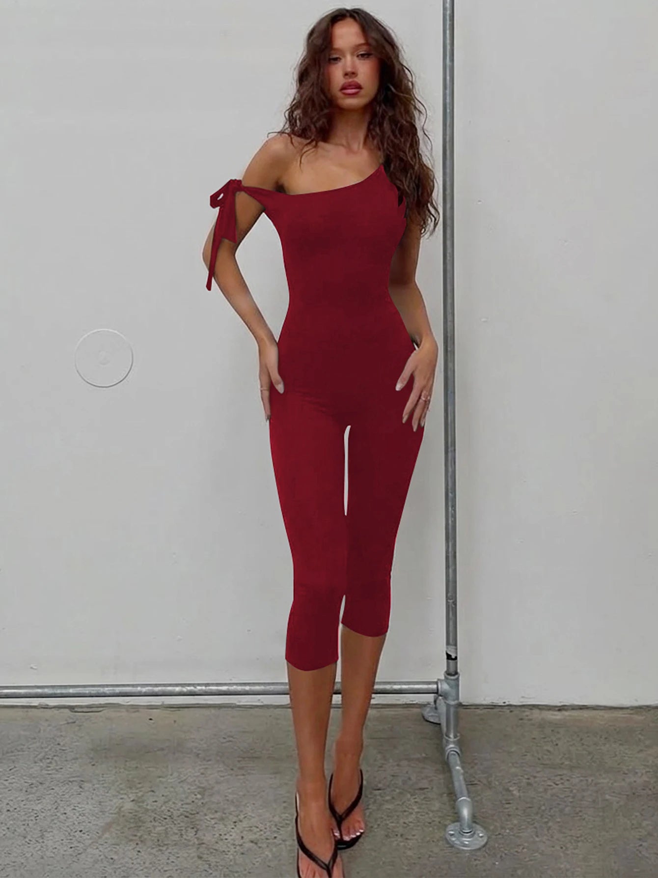 One Shoulder Backless Jumpsuit With Lace Up Detail