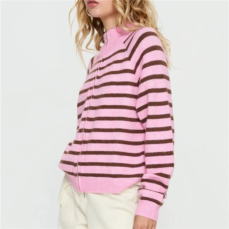 Cozy Striped Zip Up Cardigan With High Neck Knit