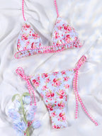 Floral Bow Pink Bikini Swimsuit For Women Low Waist Bandage Beachwear Chic Summer Bathing Suit