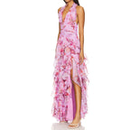 Elegant Patterned Dress With Lace Up Halter Neck Slim Long Silhouette And Ruffle Detail