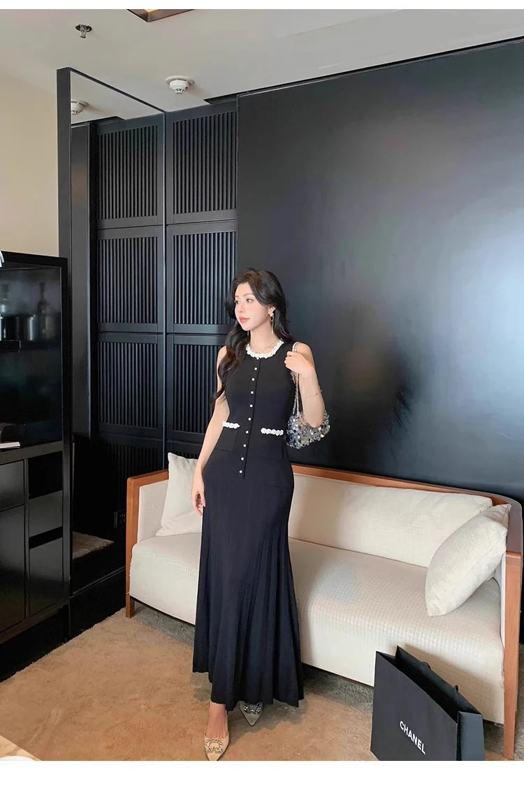 Floral Pearl Knit Maxi Dress Sleeveless O-Neck With Pleated Details