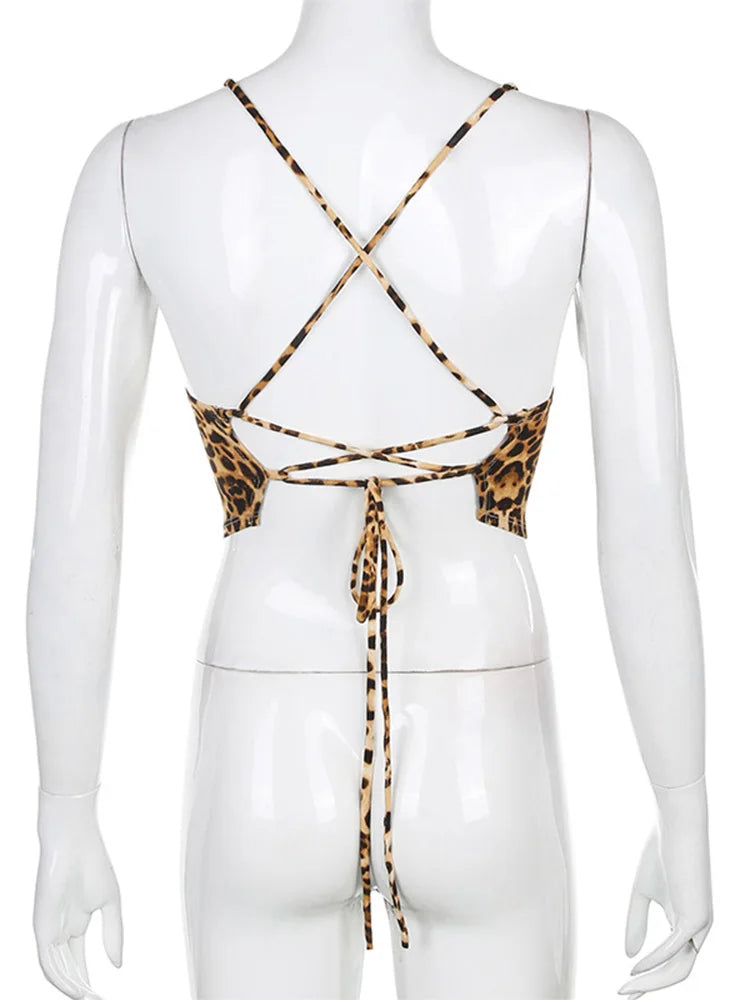 Leopard Print Backless Lace Up Bralette Crop Top