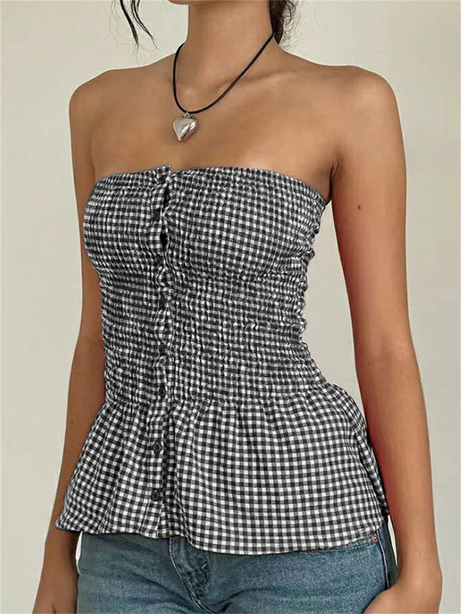 Retro Gingham Crop Top In Plaid Strapless Sleeveless Cami With Ruffle Hem
