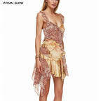 V Neck Paisley Totem Print Mini Dress With Ruffles Pleats And Irregular Hem