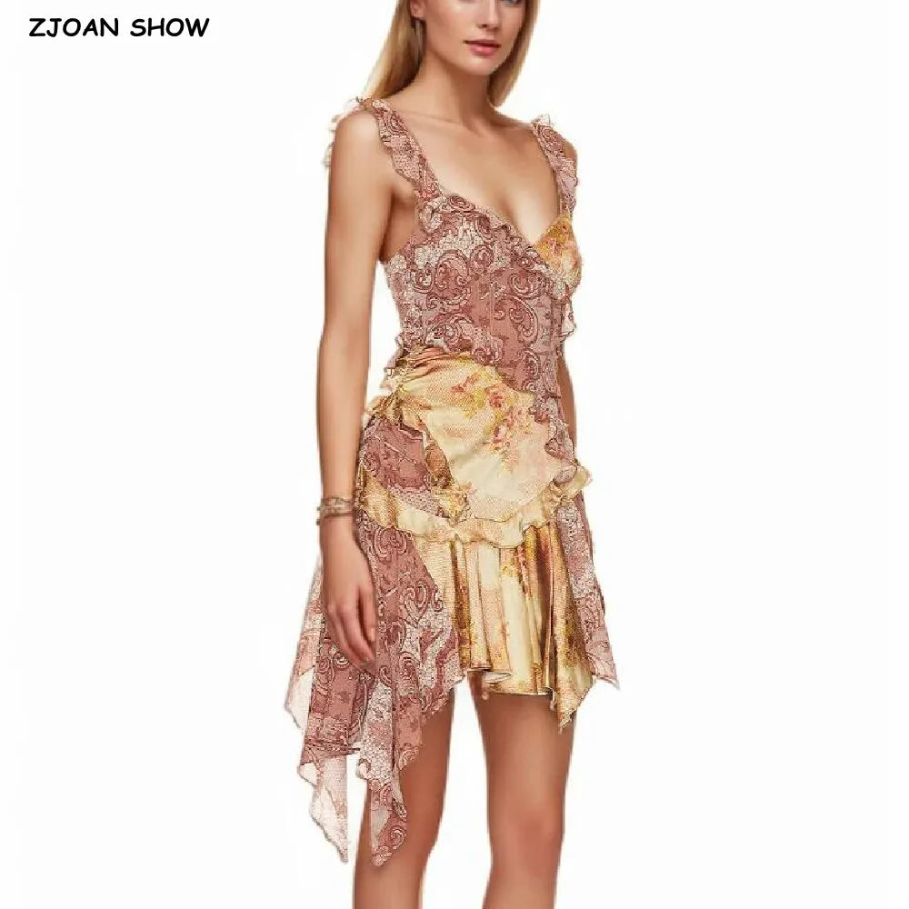 V Neck Paisley Totem Print Mini Dress With Ruffles Pleats And Irregular Hem