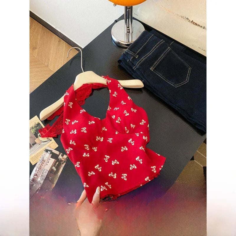 Retro Floral V Neck Halter Top