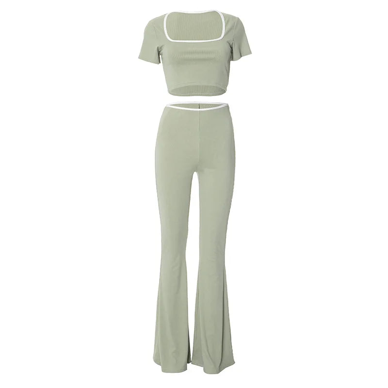 Sexy Slim Two Piece Set For Women Short Sleeve Square Collar Top High Waist Pants