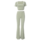 Sexy Slim Two Piece Set For Women Short Sleeve Square Collar Top High Waist Pants