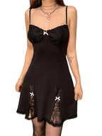 Gothic Kawaii Lace Trim Sleeveless V Neck Mini Dress With Bow Accent