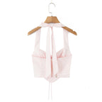 Pink Embroidered Floral Halter Corset Camisole With Ruched Chest Bow And Cross Lacing