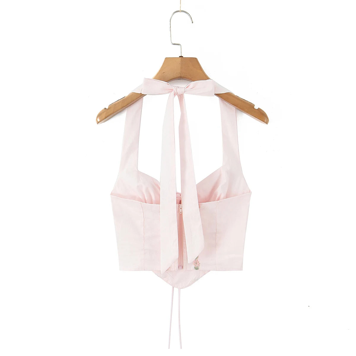 Pink Embroidered Floral Halter Corset Camisole With Ruched Chest Bow And Cross Lacing