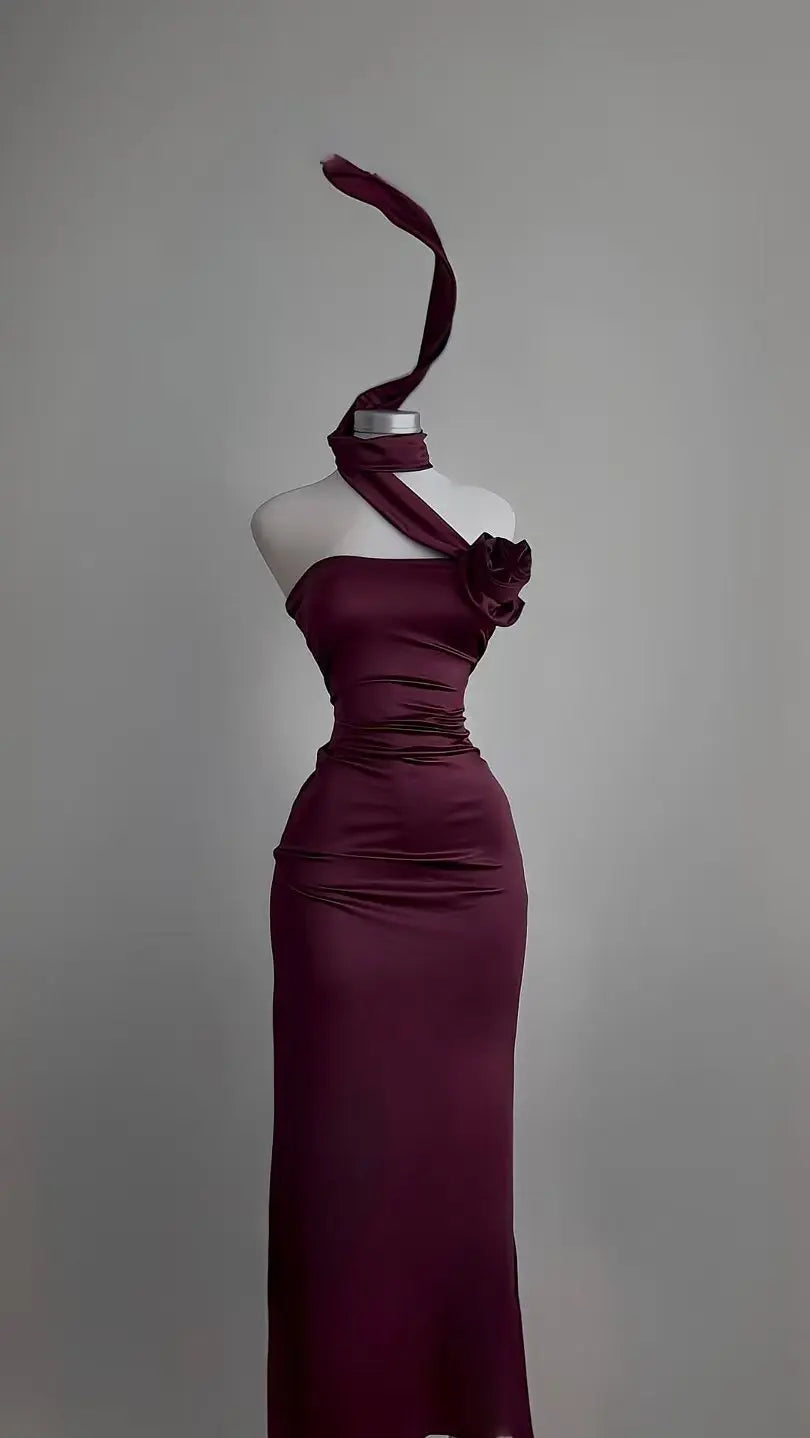 Red Slit Maxi Dress With Figure Flattering Silhouette Waist Cinch Elegant Length And Sophisticated Charm