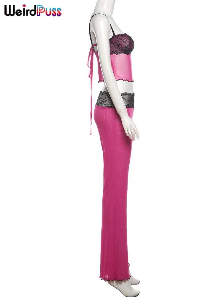 Patchwork Mesh Set With Leopard Print Skinny Pants Sexy Sleeveless Crop Top Street Style