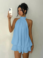 Women's Halter Neck Chiffon Mini Dress - Backless Tie-Front