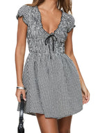Plaid Bow Mini Dress With V Neck And Short Sleeves