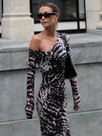Patchwork Long Dress With Asymmetric Shoulder And Slim Stretch