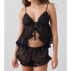 Two Piece Sheer Pajamas Set Ruffle Lace Trim Tie-Up Split Front Sleeveless Cami Tops and Shorts
