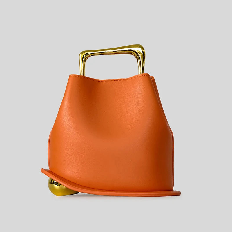 Gold Metallic Irregular Bucket Bag With Ball Base Leather Tote