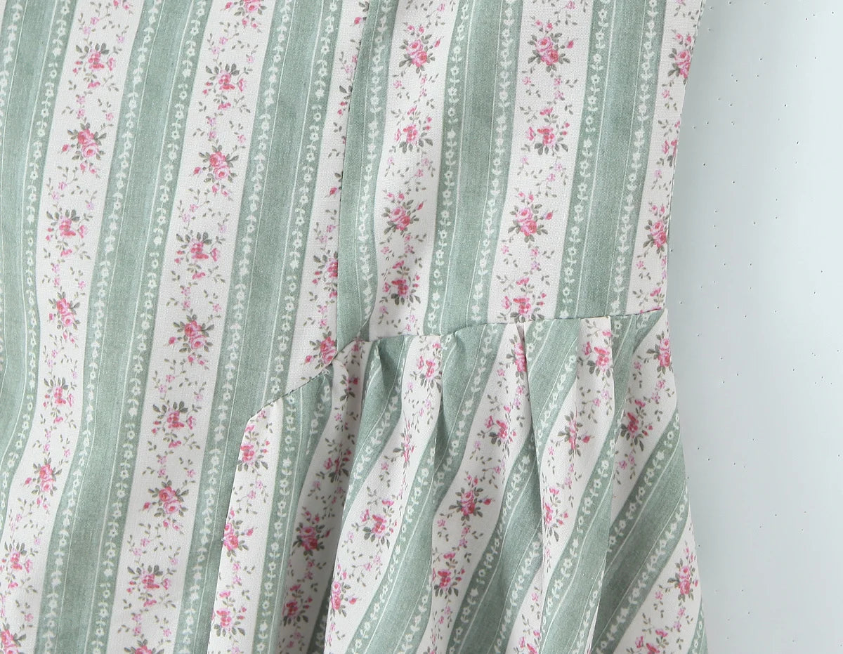 Spaghetti Strap Striped Floral Midi Dress For Women Elegant A Line
