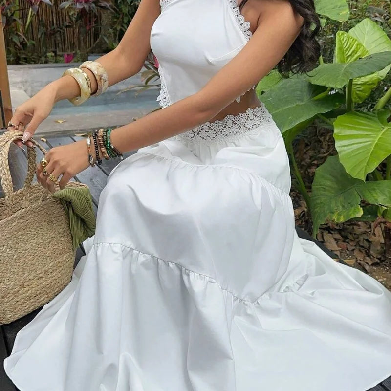 Boho Two Piece Lace Trim Cami Top And Tiered Maxi Skirt Set