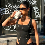 Punk Metal Ring Hollow Out High Leg Leotard Women Stretchy Layering Camisole