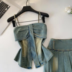 Denim Set With Sleeveless Cami Top And Mini Skirt Slim Fit Zipper