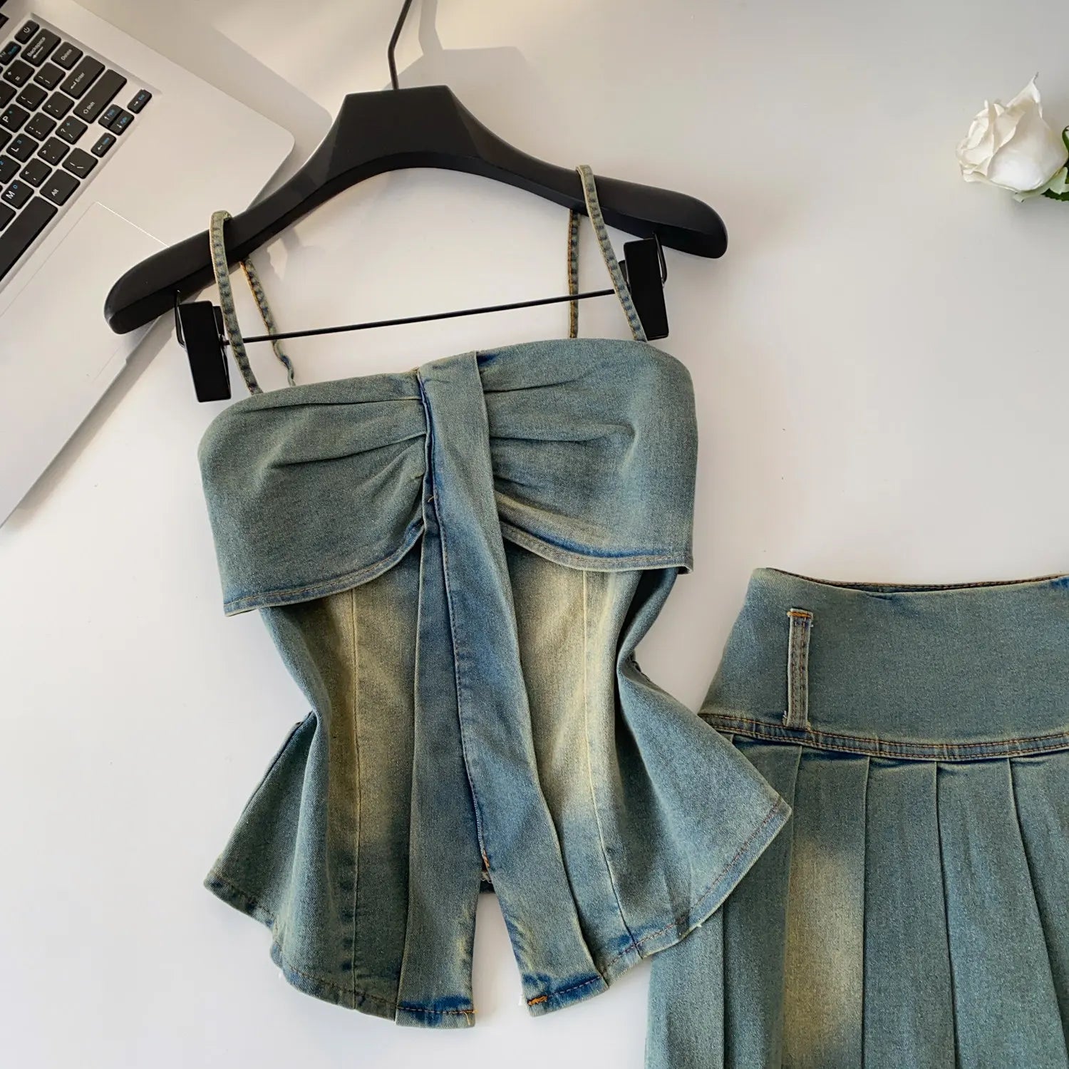 Denim Set With Sleeveless Cami Top And Mini Skirt Slim Fit Zipper