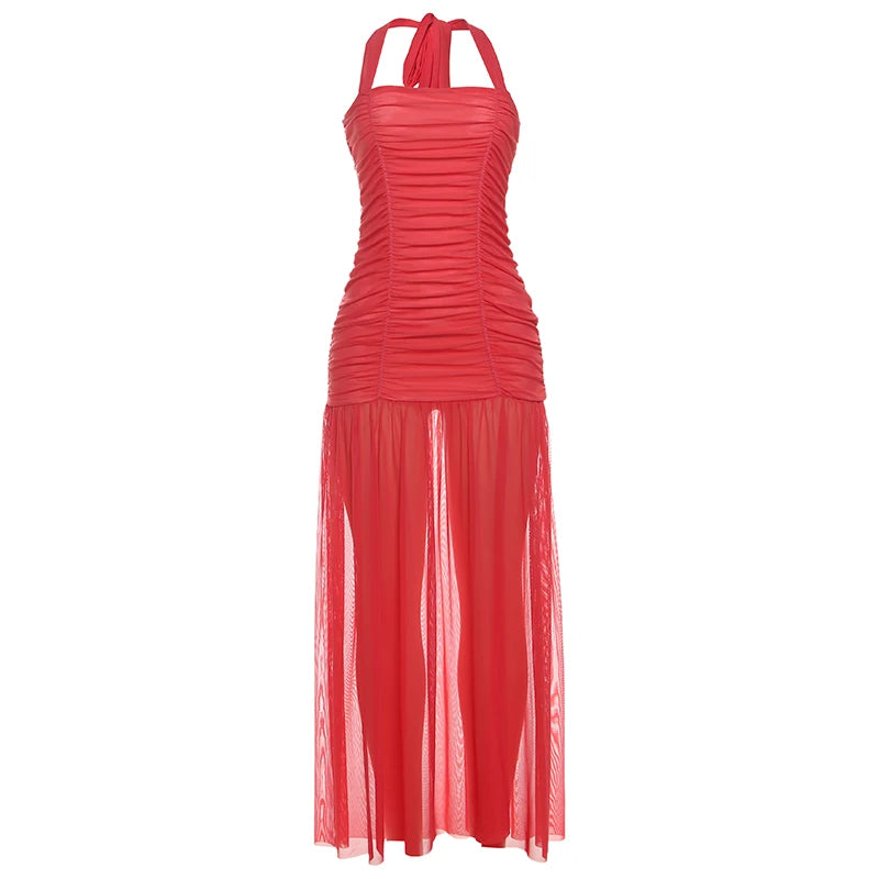 Nibber See Through Hem Halter Maxi Dress Backless Patchwork Bodycon