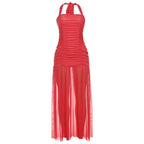 Nibber See Through Hem Halter Maxi Dress Backless Patchwork Bodycon
