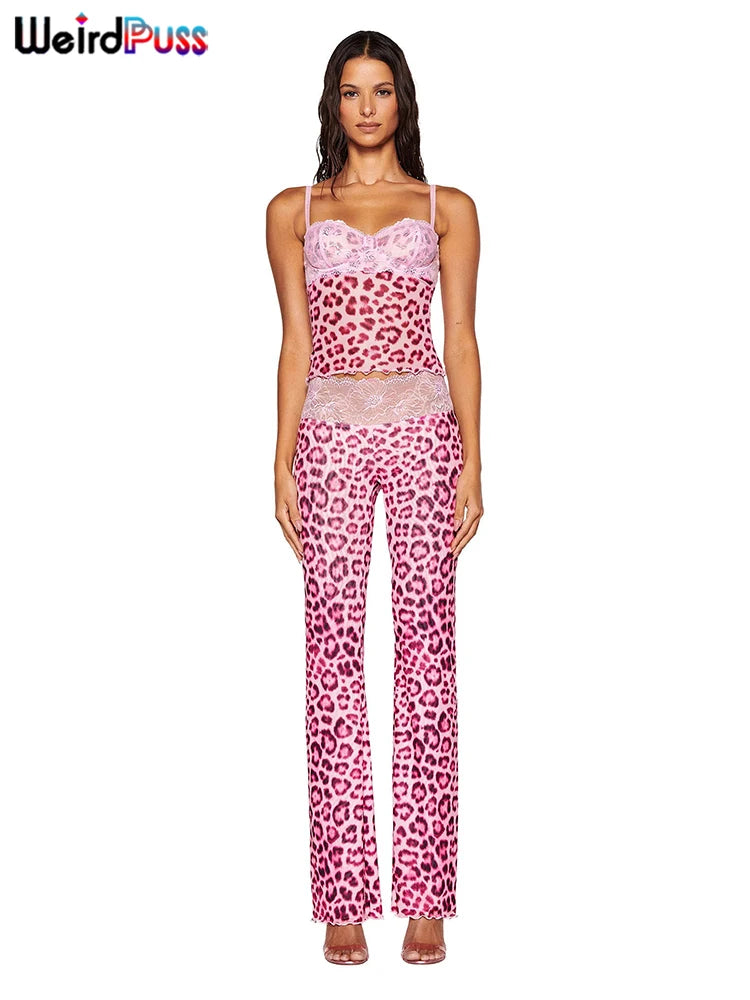 Patchwork Mesh Set With Leopard Print Skinny Pants Sexy Sleeveless Crop Top Street Style