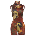 Backless Romper Women Sexy Button Turtleneck Sleeveless Ruched Vintage Cartoon Print Stretch Skinny Club Playsuit