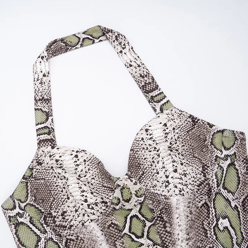 Snake Print Backless Halter Tank Top And Capri Set For Bold Retro Nightlife Style Vibe