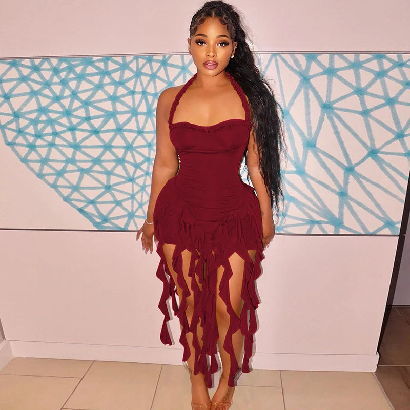 Elegant Halter Backless Ruffles Mini Dress Slim Fit With Tassel Detail