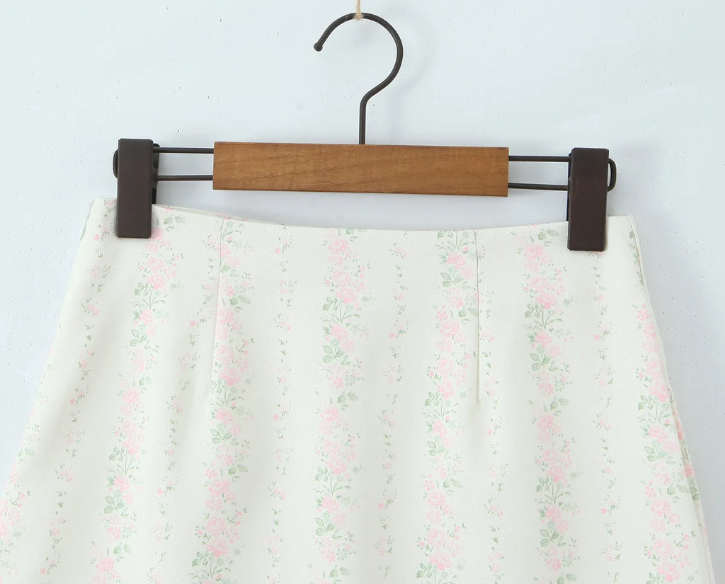 Vintage Sweet Floral Print Mini Dress Set Strapless Crop Top Bodycon Skirts Outfit