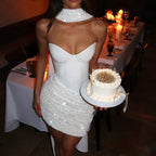 Sequin Patchwork Strapless Mini Dress Off Shoulder With Scarf Collar And Pleated Waist Cinch