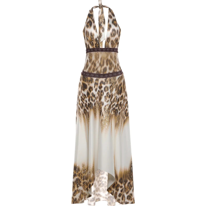 Leopard Print Halter Maxi Dress Backless Sleeveless