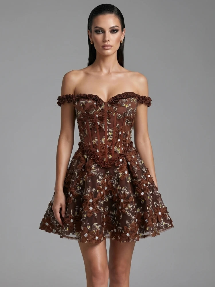Off Shoulder Floral Embroidery Mini Dress With Delicate Ruffles Sleeveless And Backless