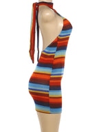 Stripe Patchwork Bodycon Mini Dress Halter Backless Off Shoulder