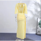 Backless Party Maxi Dress With O Neck Slim Pleated Ribbon Detail