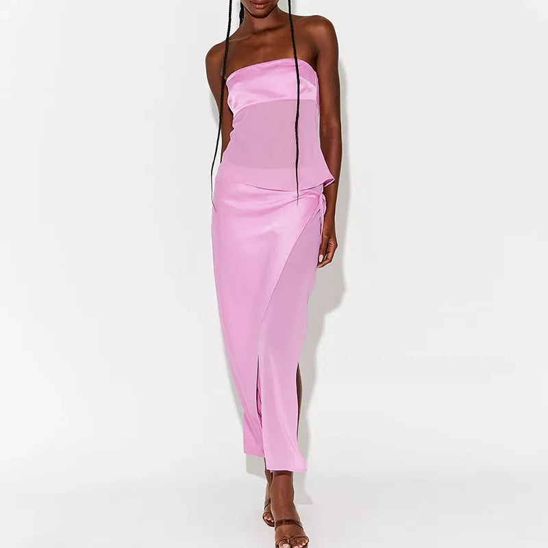 Elegant Lace Up Gauze Vest And Skirt Set