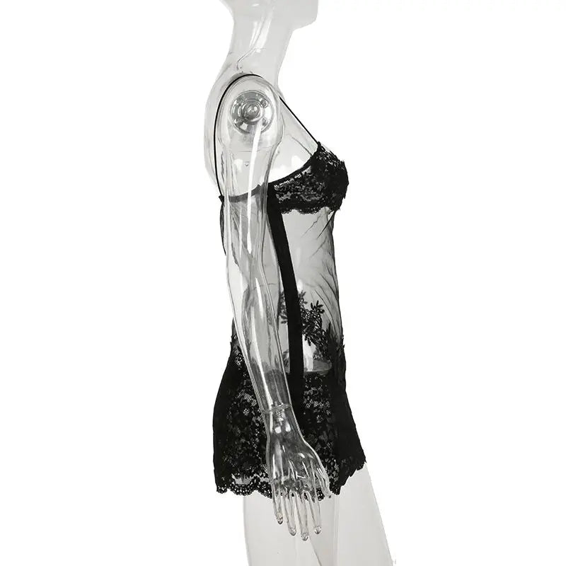 Sheer Lace Mesh Camisole Mini Dress