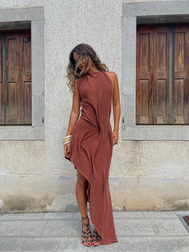 Chic Backless Off Shoulder Pleated Knee Length Dress With Irregular Silhouette
