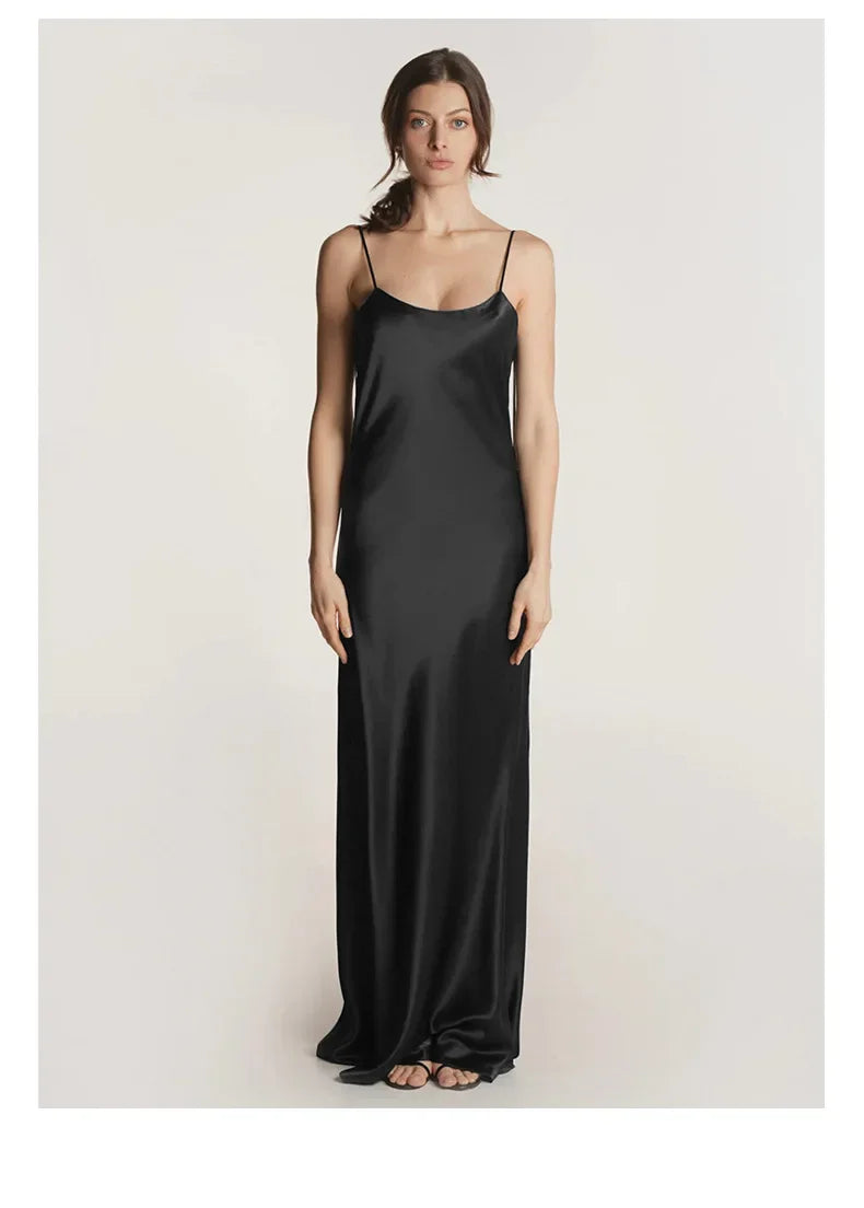 French Real Silk Elegant Women Spaghetti Strap Solid Nightgown