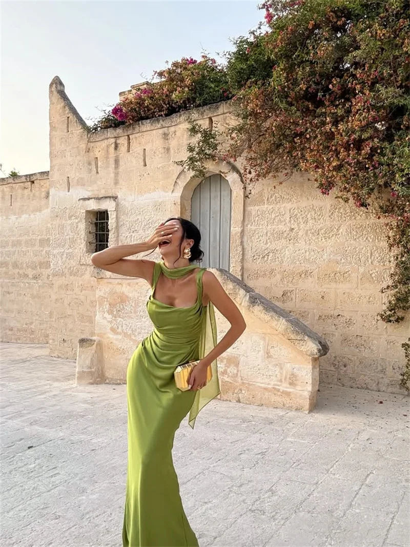 Elegant Satin Backless Halter Off-Shoulder Maxi Dress