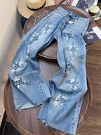 Vintage Embroidered Denim Jeans With High Waist Slim Fit And Beaded Details