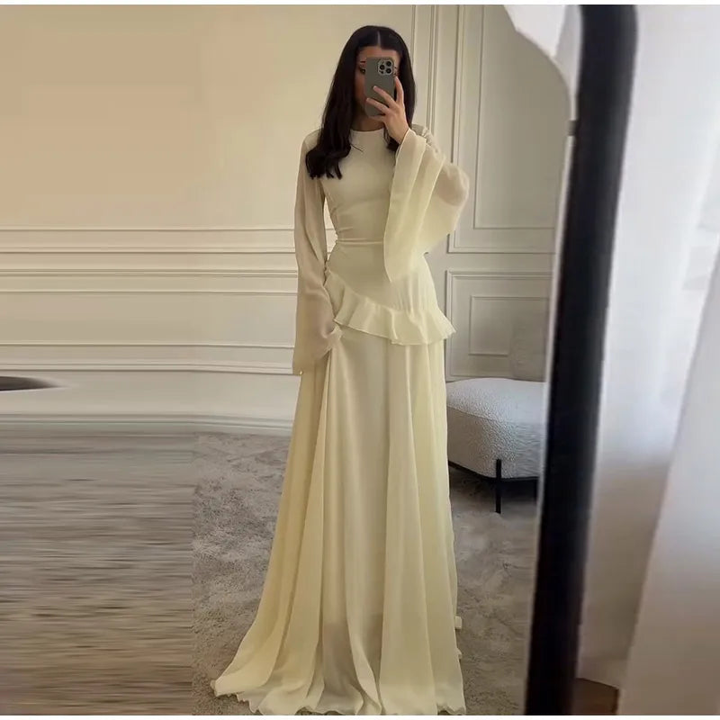 Flare Sleeve Maxi Dress With Ruffle Detail O Neck High Waist Pleated
