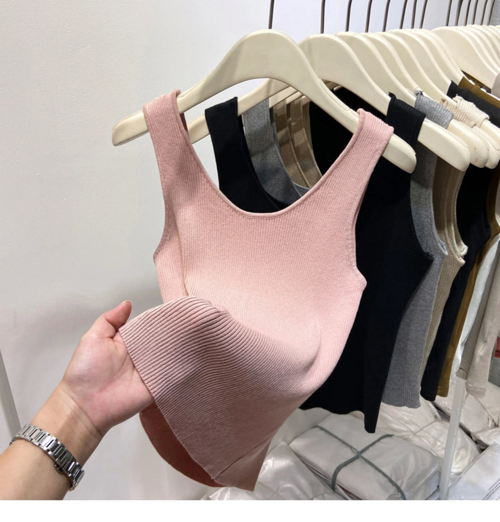 Knitted Strap Top With Clavicle Square Collar
